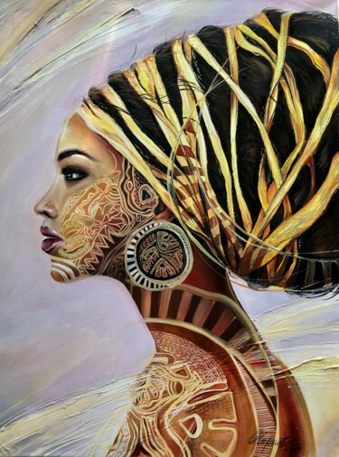 Painting titled "African woman portr…" by Olga Chernova, Original Artwork, Oil Mounted on Wood Stretcher frame