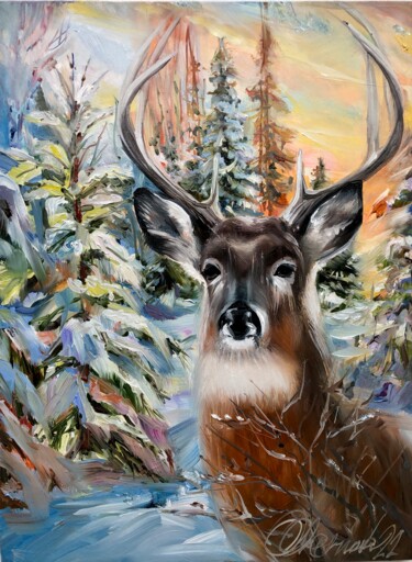 Pittura intitolato "Forest deer" da Olga Chernova, Opera d'arte originale, Olio Montato su Telaio per barella in legno