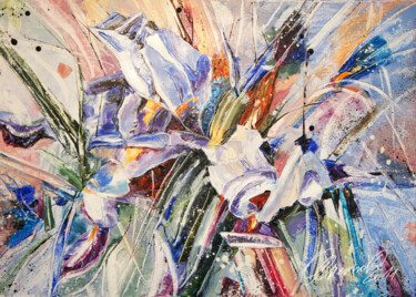 Картина под названием "Irises" - Olga Chernova, Подлинное произведение искусства, Масло Установлен на Деревянная рама для но…