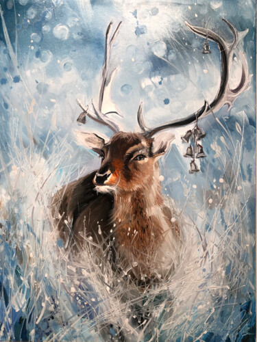 Painting titled "Deer Country" by Olga Chernova, Original Artwork, Oil Mounted on Wood Stretcher frame