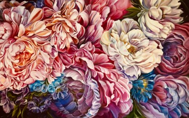 Malerei mit dem Titel "FLOWER EXTRAVAGANZA" von Olga Chernova, Original-Kunstwerk, Öl Auf Holzplatte montiert