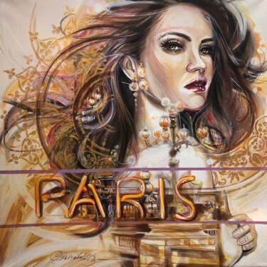 Painting titled "Париж" by Olga Chernova, Original Artwork, Oil Mounted on Wood Stretcher frame