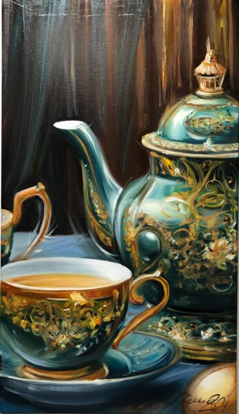 Malerei mit dem Titel "Малахитовый чайник" von Olga Chernova, Original-Kunstwerk, Öl Auf Keilrahmen aus Holz montiert