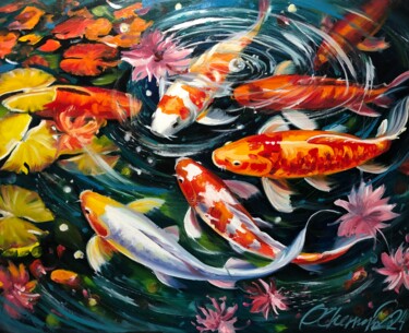 Ζωγραφική με τίτλο "Рыбки кои" από Olga Chernova, Αυθεντικά έργα τέχνης, Λάδι Τοποθετήθηκε στο Ξύλινο φορείο σκελετό