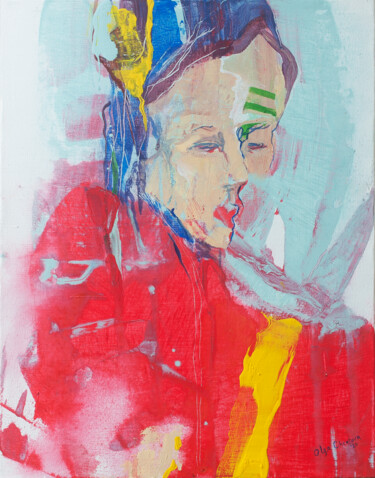 Schilderij getiteld "red lips portrait" door Olga Chertova, Origineel Kunstwerk, Acryl Gemonteerd op Frame voor houten branc…