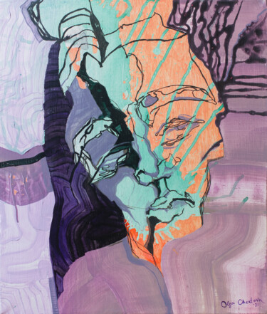 Картина под названием "portrait in lilac" - Olga Chertova, Подлинное произведение искусства, Акрил Установлен на Деревянная…