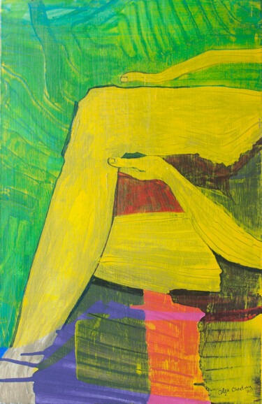 Painting titled "yellow legs contemp…" by Olga Chertova, Original Artwork, Acrylic Mounted on Wood Stretcher frame