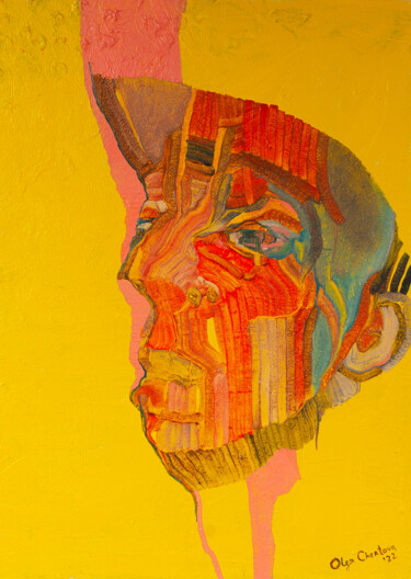 Картина под названием "Red portrait on yel…" - Olga Chertova, Подлинное произведение искусства, Масло