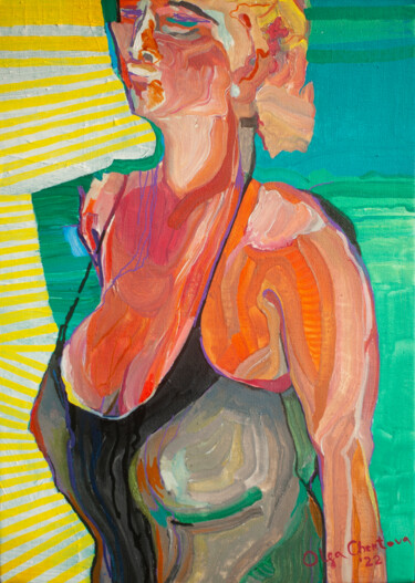 Картина под названием "Woman on the beach" - Olga Chertova, Подлинное произведение искусства, Акрил Установлен на картон