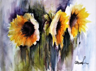 Peinture intitulée "tournesols-jaune-en…" par Olga Chilova - Stephan, Œuvre d'art originale, Aquarelle