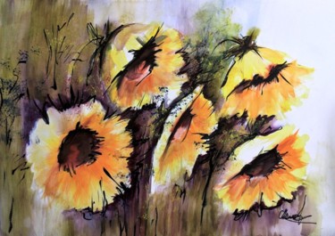 Peinture intitulée "tournesols-jaunes-a…" par Olga Chilova - Stephan, Œuvre d'art originale, Aquarelle