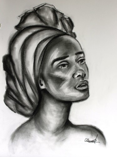 Drawing titled "beauté Africaine" by Olga Chilova - Stephan, Original Artwork, Charcoal