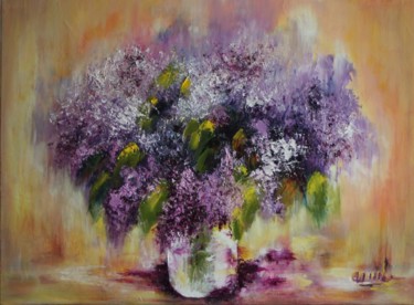 Peinture intitulée "bouquet-lilas-fond-…" par Olga Chilova - Stephan, Œuvre d'art originale, Huile