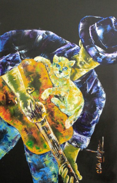 Painting titled "Guitare Minouche" by Olga Chilova - Stephan, Original Artwork, Oil Mounted on Wood Stretcher frame