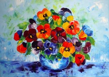 Картина под названием "Pensées fond bleu" - Olga Chilova - Stephan, Подлинное произведение искусства, Масло