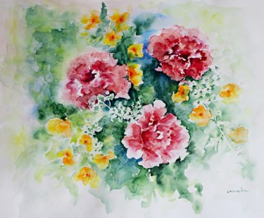 Peinture intitulée "fleurs roses et jau…" par Olga Chilova - Stephan, Œuvre d'art originale, Aquarelle