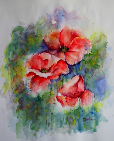 Painting titled "trois coquelicots a…" by Olga Chilova - Stephan, Original Artwork, Watercolor