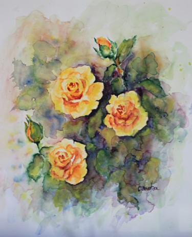 Malerei mit dem Titel "trois roses jaunes…" von Olga Chilova - Stephan, Original-Kunstwerk, Aquarell