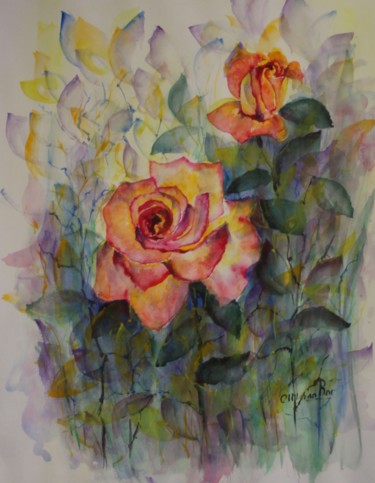 Ζωγραφική με τίτλο "2 roses aquarelle" από Olga Chilova - Stephan, Αυθεντικά έργα τέχνης, Ακουαρέλα