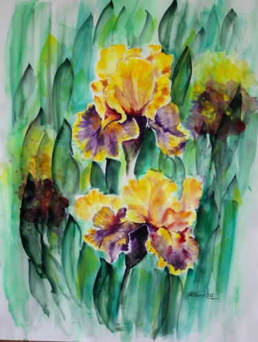 Painting titled "Iris Jaunes" by Olga Chilova - Stephan, Original Artwork, Watercolor