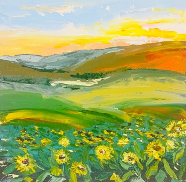 Peinture intitulée "field with sunflowe…" par Olga Dak (DakArt), Œuvre d'art originale, Huile Monté sur Carton