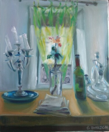 Ζωγραφική με τίτλο "Bleu et vert de Cot…" από Olga Dalzon, Αυθεντικά έργα τέχνης, Λάδι Τοποθετήθηκε στο Ξύλινο φορείο σκελετό