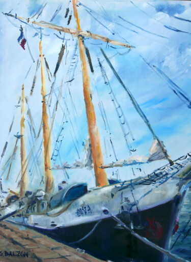 Painting titled "Port de pêche à Che…" by Olga Dalzon, Original Artwork, Oil Mounted on Wood Stretcher frame