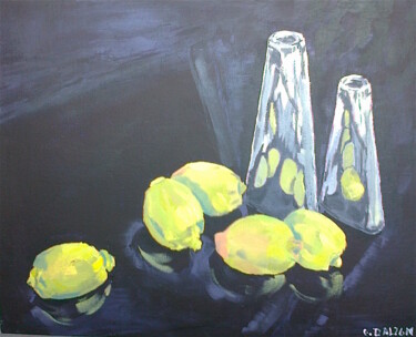 Painting titled "Les citrons" by Olga Dalzon, Original Artwork, Acrylic Mounted on Cardboard