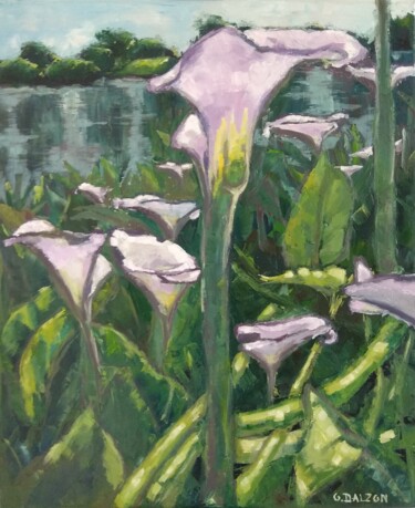 Painting titled "Calla normande" by Olga Dalzon, Original Artwork, Oil Mounted on Wood Stretcher frame