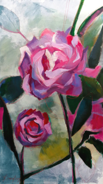 Painting titled "Pfingstrose Peony" by Olga David, Original Artwork, Acrylic Mounted on Wood Stretcher frame