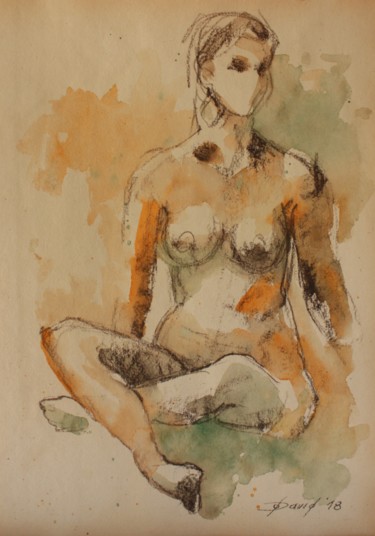 Zeichnungen mit dem Titel "Akt 012 sitzende Fr…" von Olga David, Original-Kunstwerk, Kreide