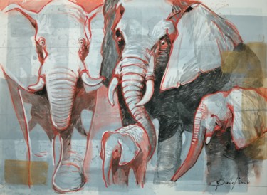 Desenho intitulada "Elefanten Familie" por Olga David, Obras de arte originais, Aquarela