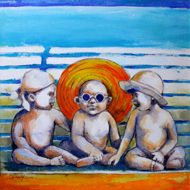 Painting titled "ON THE SUN BED" by Olga David, Original Artwork, Acrylic Mounted on Wood Stretcher frame