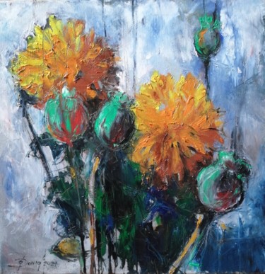 Painting titled "Yellow Chrysanthemum" by Olga David, Original Artwork, Oil Mounted on Wood Stretcher frame