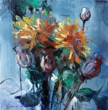 Painting titled "Chrysanthemums" by Olga David, Original Artwork, Oil Mounted on Wood Stretcher frame