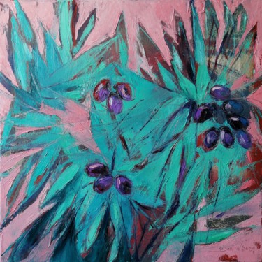 Картина под названием "Ripe olives on bran…" - Olga David, Подлинное произведение искусства, Масло Установлен на Деревянная…