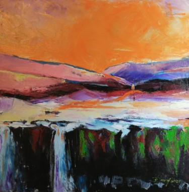「Orange river」というタイトルの絵画 Olga Davidによって, オリジナルのアートワーク, オイル ウッドストレッチャーフレームにマウント