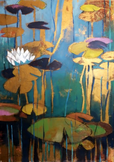 Painting titled "Water lilies" by Olga David, Original Artwork, Acrylic Mounted on Wood Stretcher frame
