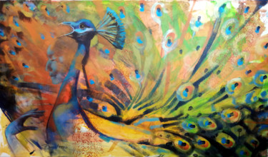 Malerei mit dem Titel "Female peacock fant…" von Olga David, Original-Kunstwerk, Acryl Auf Keilrahmen aus Holz montiert