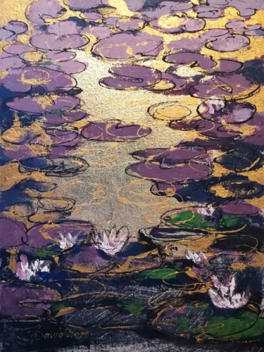 Painting titled "Seerosen violett" by Olga David, Original Artwork, Pigments Mounted on Wood Panel