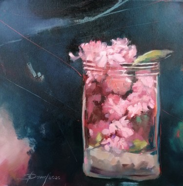 Malerei mit dem Titel "Kirschblüten im Glas" von Olga David, Original-Kunstwerk, Öl Auf Keilrahmen aus Holz montiert