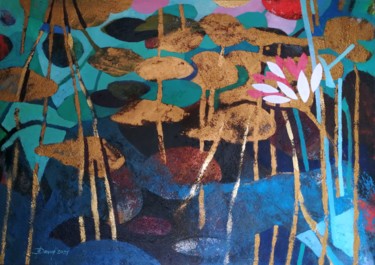 Schilderij getiteld "Gold pond" door Olga David, Origineel Kunstwerk, Acryl Gemonteerd op Frame voor houten brancard