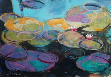 Painting titled "Water lilies on a p…" by Olga David, Original Artwork, Acrylic