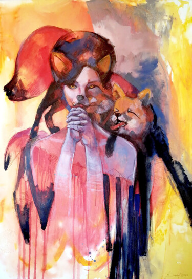 Painting titled "Fox woman" by Olga David, Original Artwork, Acrylic