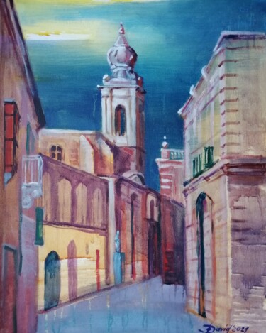 Painting titled "Silent city Mdina,…" by Olga David, Original Artwork, Acrylic Mounted on Cardboard