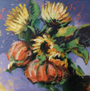 Painting titled "Sunflowers with pum…" by Olga David, Original Artwork, Acrylic Mounted on Wood Stretcher frame