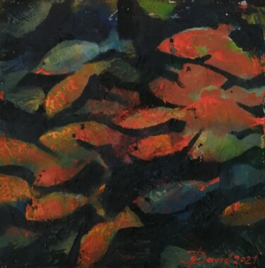 Ζωγραφική με τίτλο "School of fish" από Olga David, Αυθεντικά έργα τέχνης, Ακρυλικό Τοποθετήθηκε στο Ξύλινο φορείο σκελετό
