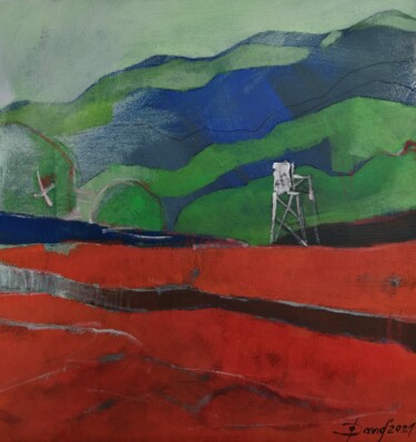 Картина под названием "Poppy field and the…" - Olga David, Подлинное произведение искусства, Акрил Установлен на Деревянная…