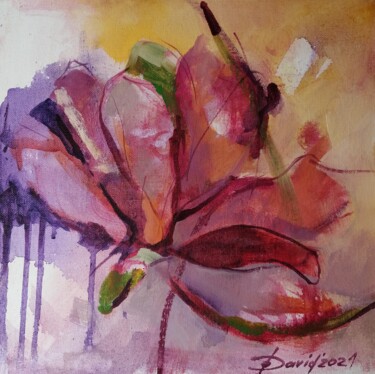 Painting titled "magnolia flower" by Olga David, Original Artwork, Acrylic Mounted on Cardboard