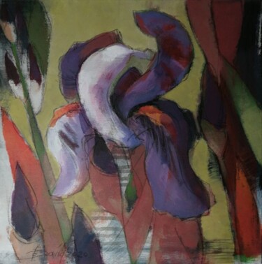 Schilderij getiteld "Iris blossom" door Olga David, Origineel Kunstwerk, Acryl Gemonteerd op Frame voor houten brancard